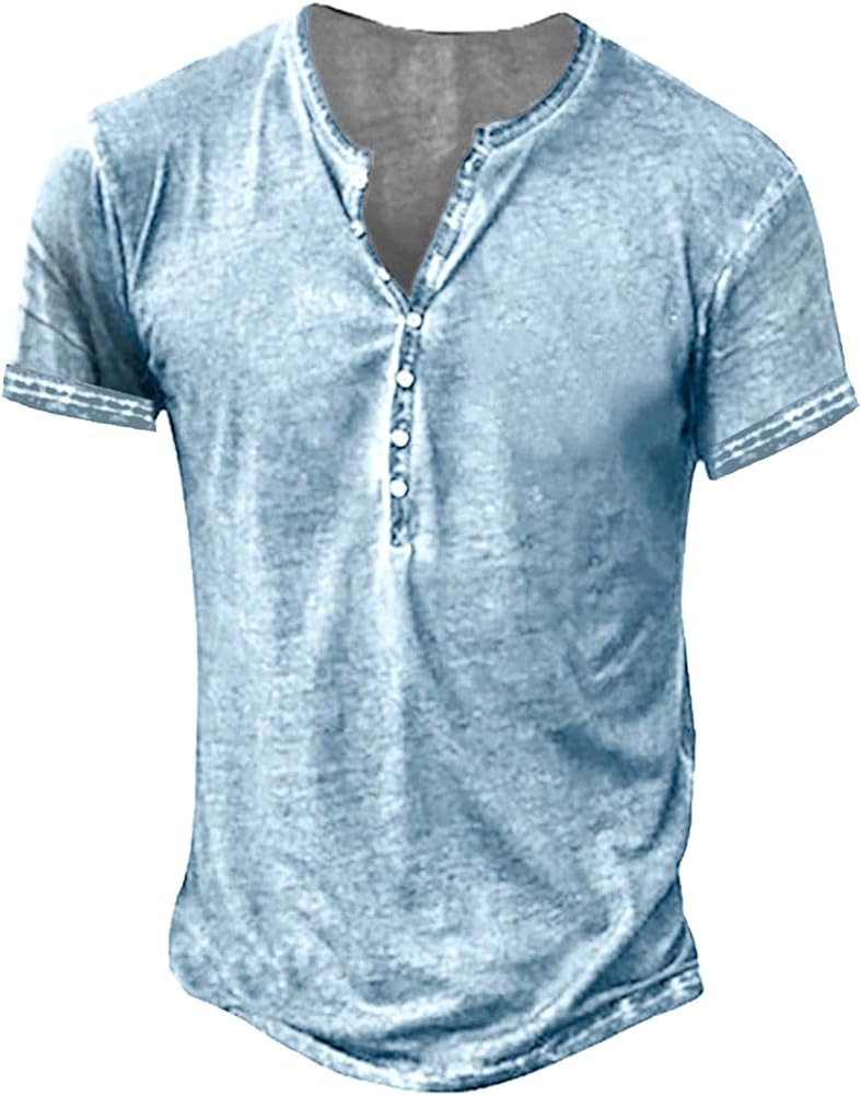 Mens Distressed Henley Shirts Retro Short Sleeve Tee Shirts Casual Button Down Washed T-Shirts for Men