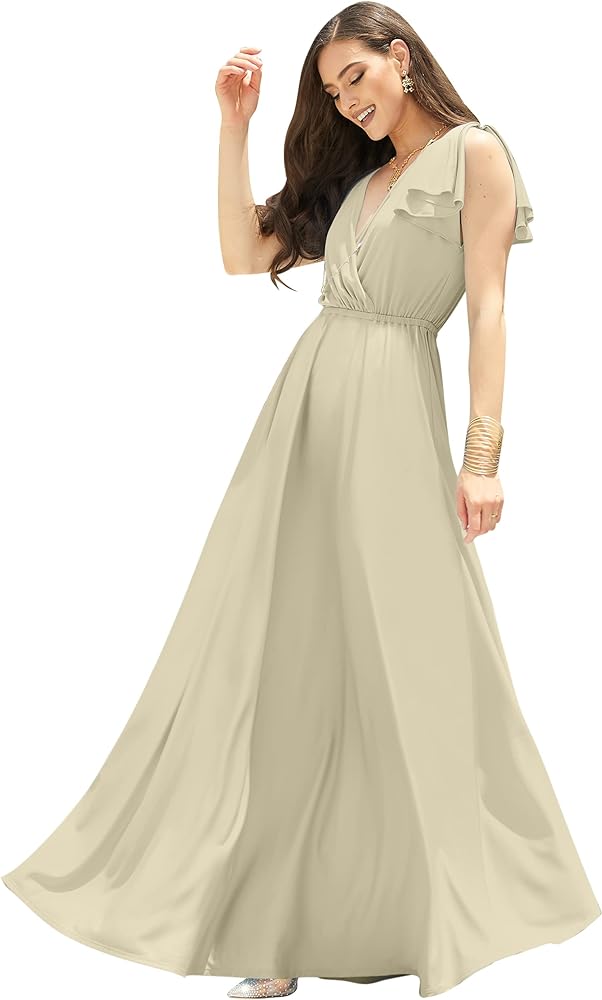 KOH KOH Womens Long V-Neck Ruffle Sleeveless Bridesmaid Prom Gown Maxi Dress