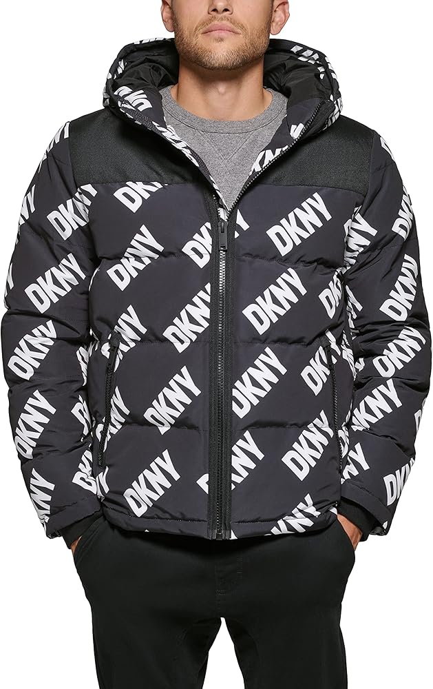 DKNY Men's Shawn Quilted Mixed Media Hooded Puffer Jacket