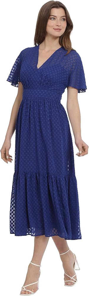 Maggy London Women's V-Neck Flutter Sleeve Tiered Midi