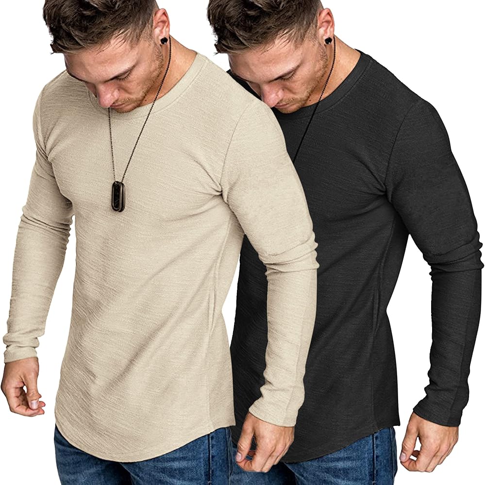 COOFANDY Men 2 Pack Muscle Fitted T Shirt Gym Workout Athletic Long Sleeves Tee