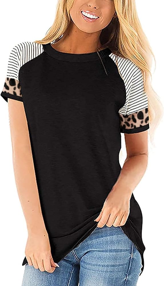 Leopard Print Tops for Women Long Sleeve Crew Neck Patchwork T Shirt Blouse