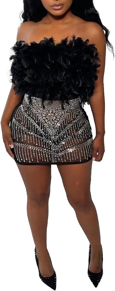 LROSEY Sexy Birthday Dress for Women 2024 Bodycon SleevelessFeather Rhinestone HOCO Party Mini Dresses Plus Size