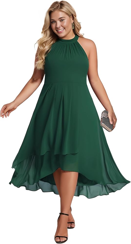 Ever-Pretty Plus Women's Sleeveless Halter A Line Pleated Plus Size High Low Wedding Guest Dresses 31926-DA