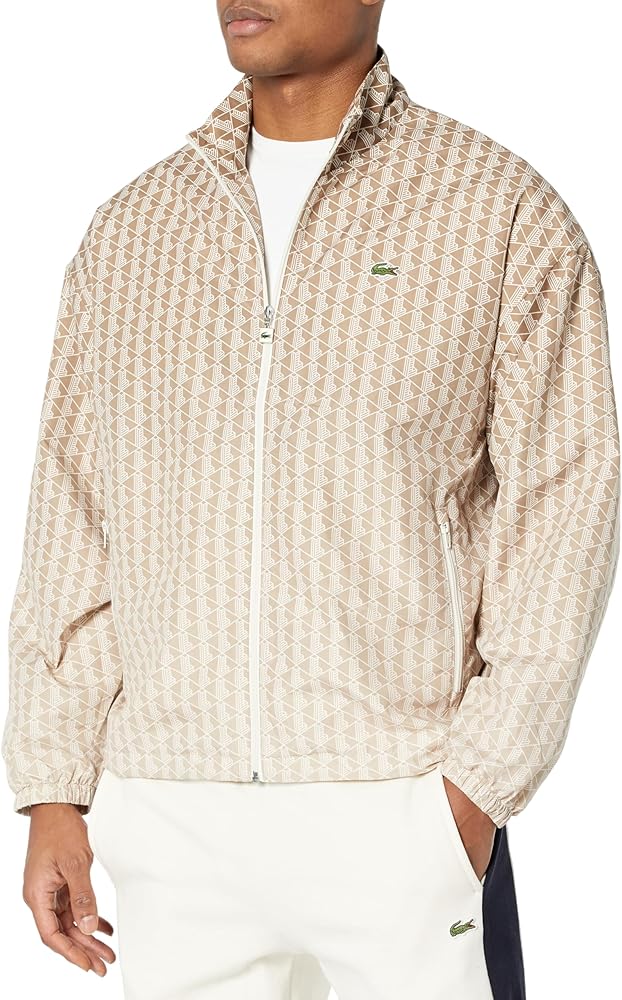 Lacoste Men's Long Sleeve Aop L Full Zip Hoodless Blouson Jacket W/Arm Stripes & Large Croc Back Graphic, Tbd, M/L