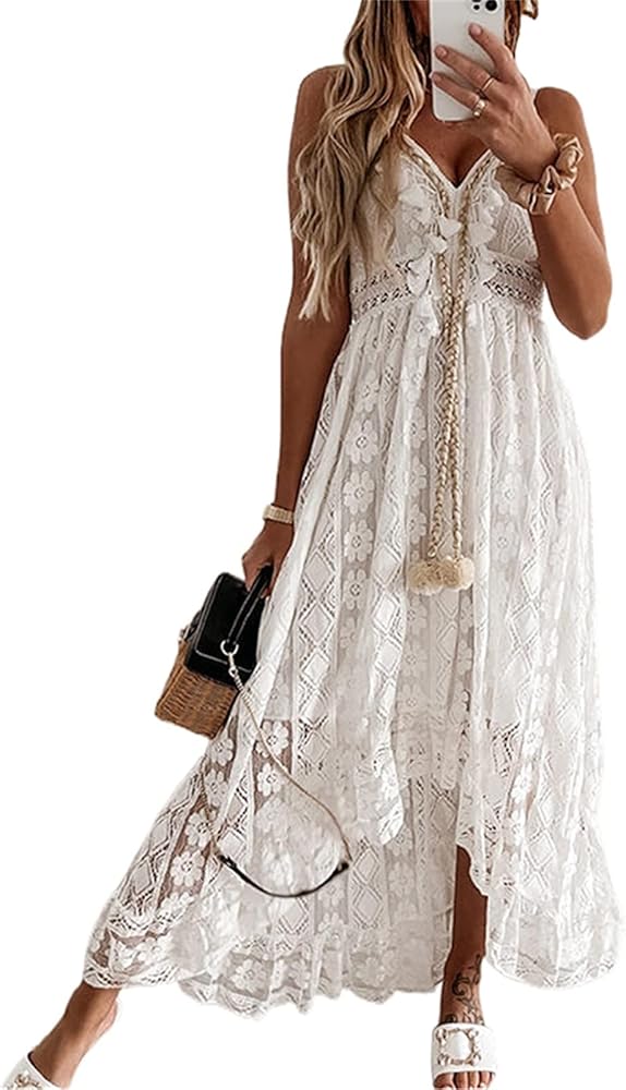 Women's Lace Up Dresses Boho Embroidery V-Neck Maxi Dress Flare Ruffle Lace Hem Beach Dress Swing Flowy Sundress