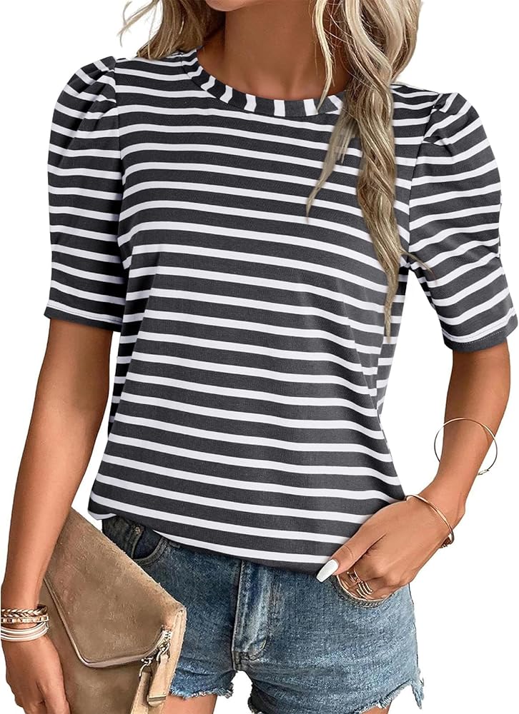 Dokotoo Women's Casual Short Puff Sleeve Crew Neck Striped T Shirts Summer Tops