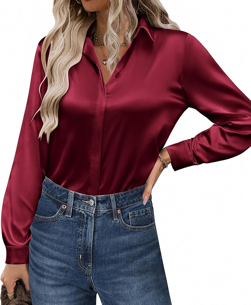 Zeagoo Satin Blouses for Women Casual Long Sleeve Button Down Silk Shirts Dressy Business Work Tunic Top