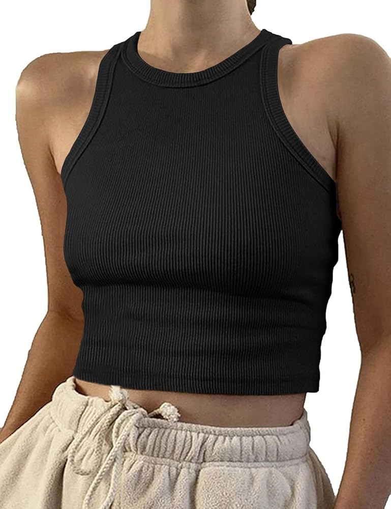 Artfish Women Casual Basic Sleeveless High Neck Rib-Knit Y2k Crop Tank Top