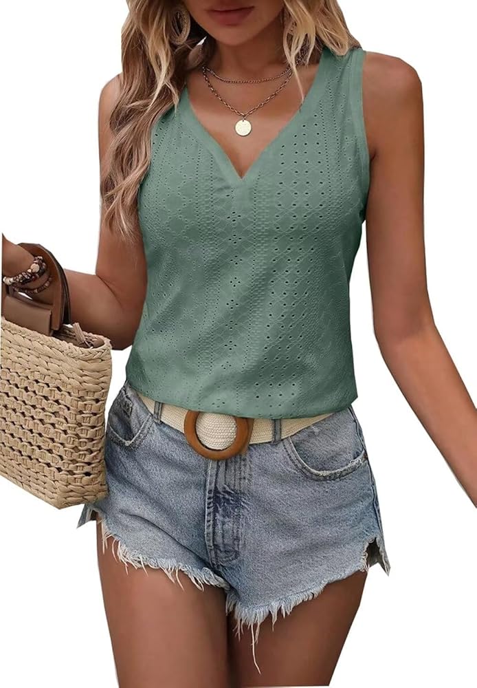 Womens Fashion Tank Tops Solid Color Hollow Tops Summer Casual Loose Flowy Shirt Tanks Vest Vacation Sleeveless Shirts