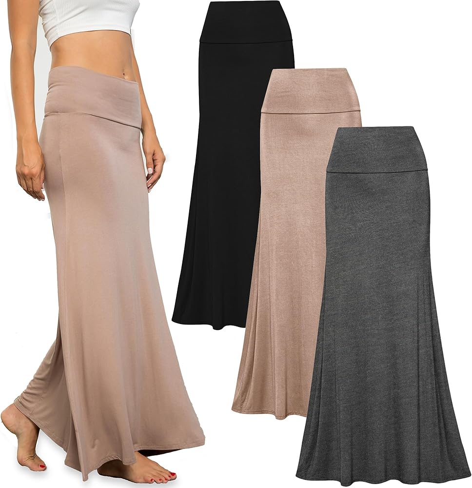 Free to Live 3 Pack Long Skirts for Women Fall Winter Flowy Maxi Skirt High Waist Fold Over Floor Ankle Length Jersey Knit