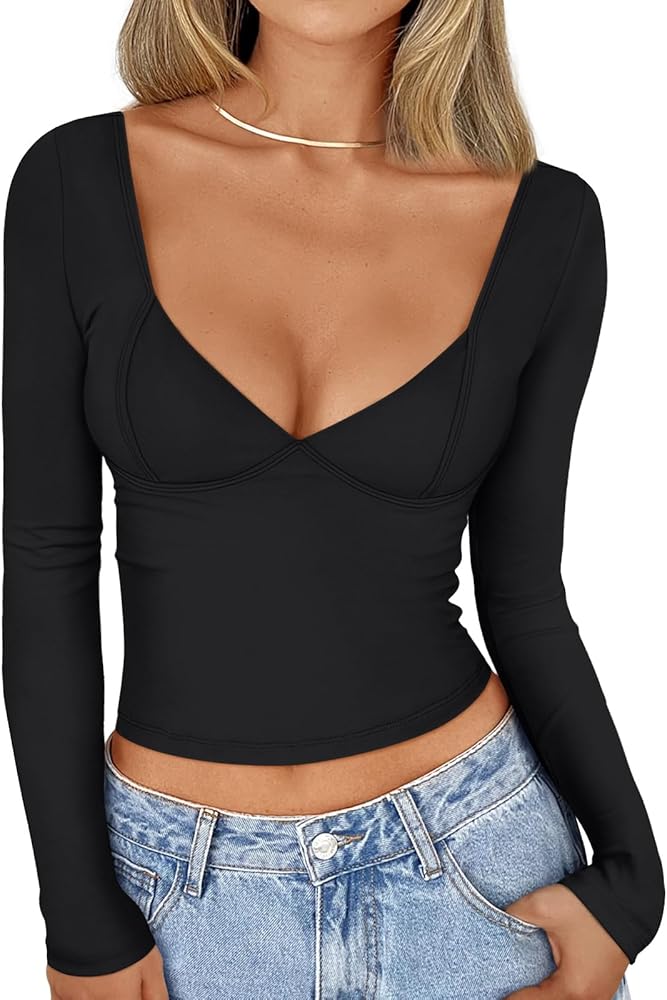 Trendy Queen Womens Long Sleeve Deep V-Neck Crop Tops Basic Y2K Going Out Tops Fall Outfits 2024 Fashion Clothes