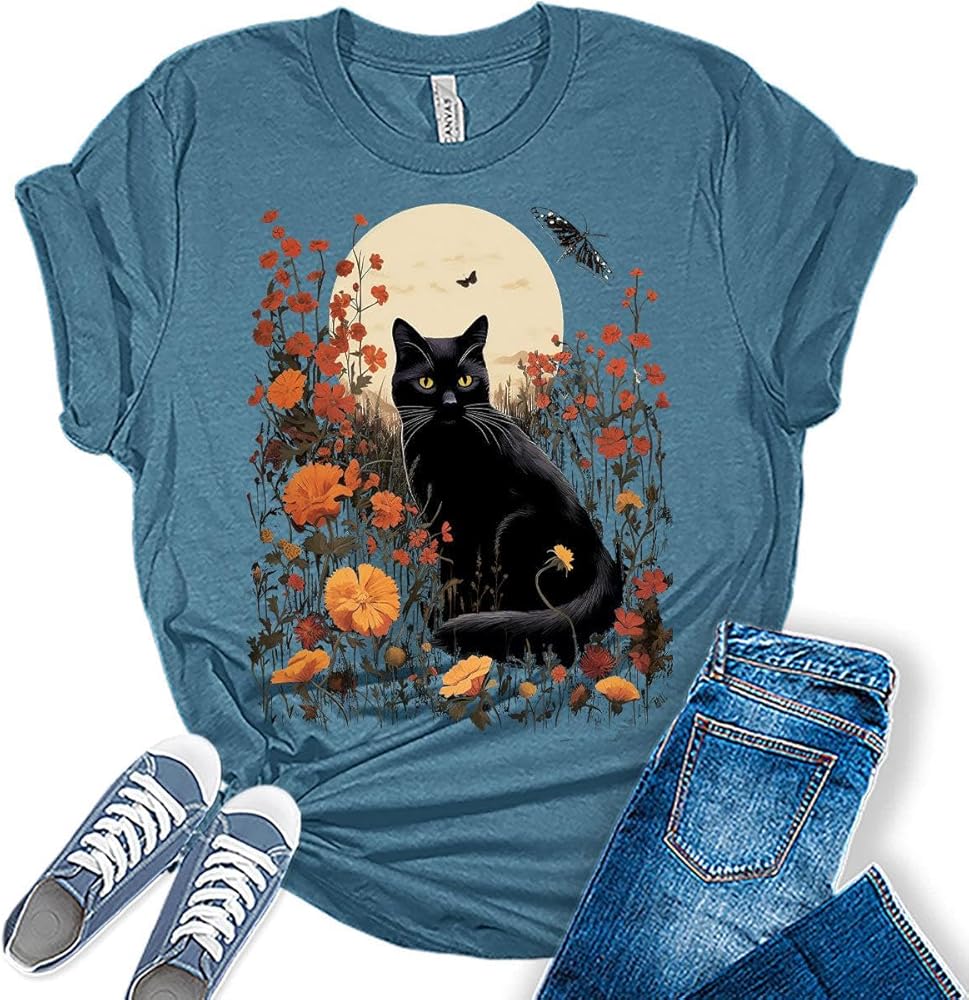 Cottagecore Shirt Vintage Cat Tshirts Floral Moon Fall Graphic Tees for Women