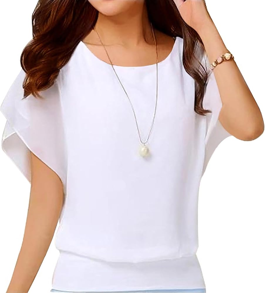 Neineiwu Women's Loose Casual Short Sleeve Chiffon Top T-Shirt Blouse