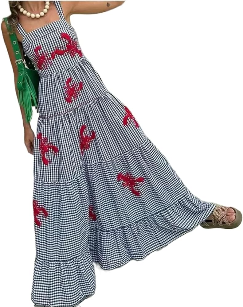 XPONNI Gingham Dress Lobster Summer Maxi Dresses for Women 2024 Shrimp Long Dress Flowy Ruffle Linen Sun Dress