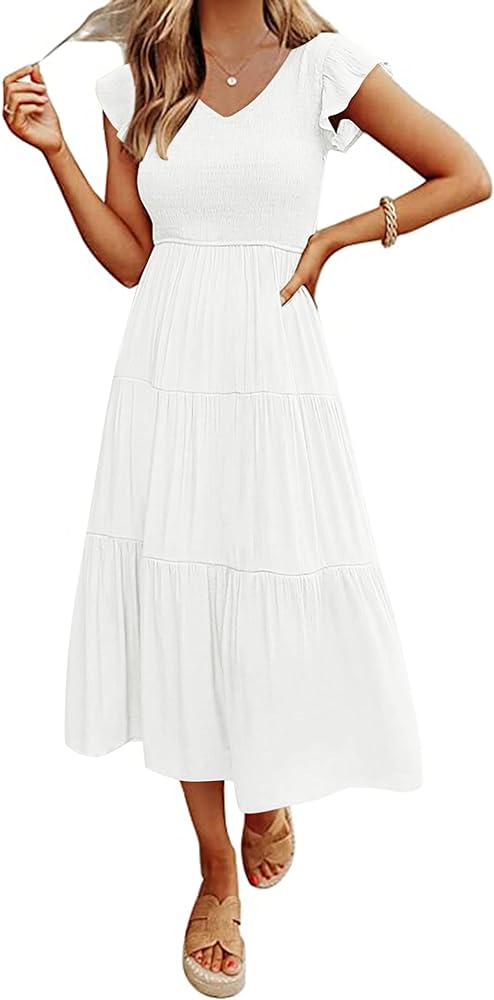 MEROKEETY Women's Flutter Sleeve Smocked Midi Dress V Neck Casual Tiered Dresses with Pockets