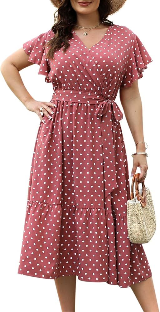 Celkuser Womens Plus Size Ruffle Short Sleeve V Neck Summer Boho Casual A-Line Floral Midi Dress with Pockets