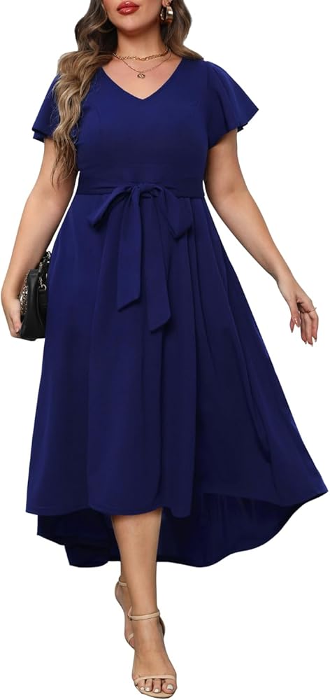 Pinup Fashion Plus Size Wedding Guest Dress Formal - Flutter Sleeve Cocktail Party High Low Dresses with Pockets