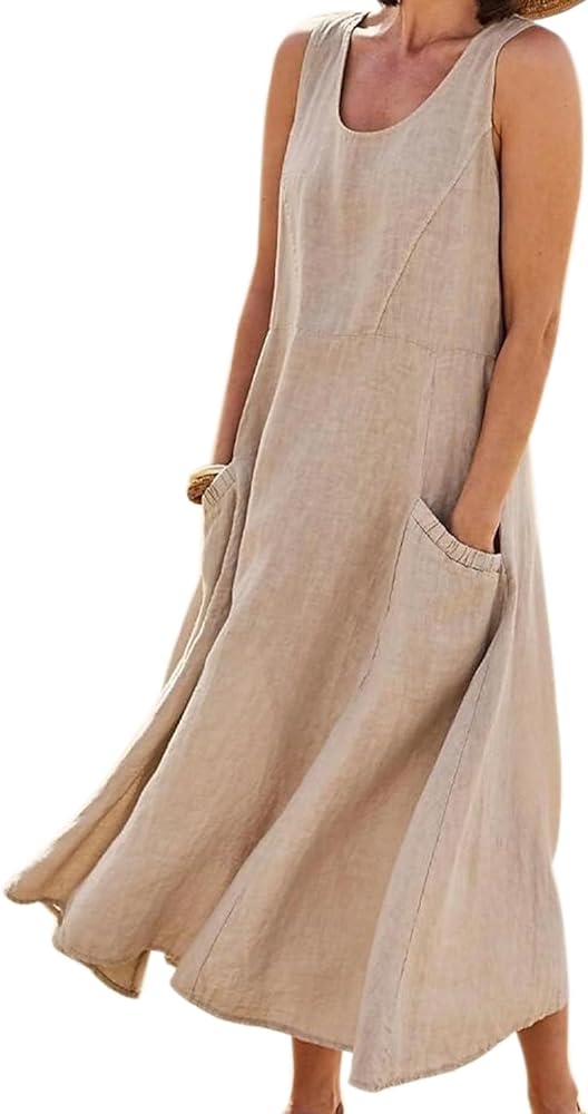 Women's Cotton Linen Casual Loose Pockets Long Dress Plain Sleeveless Tank Dress