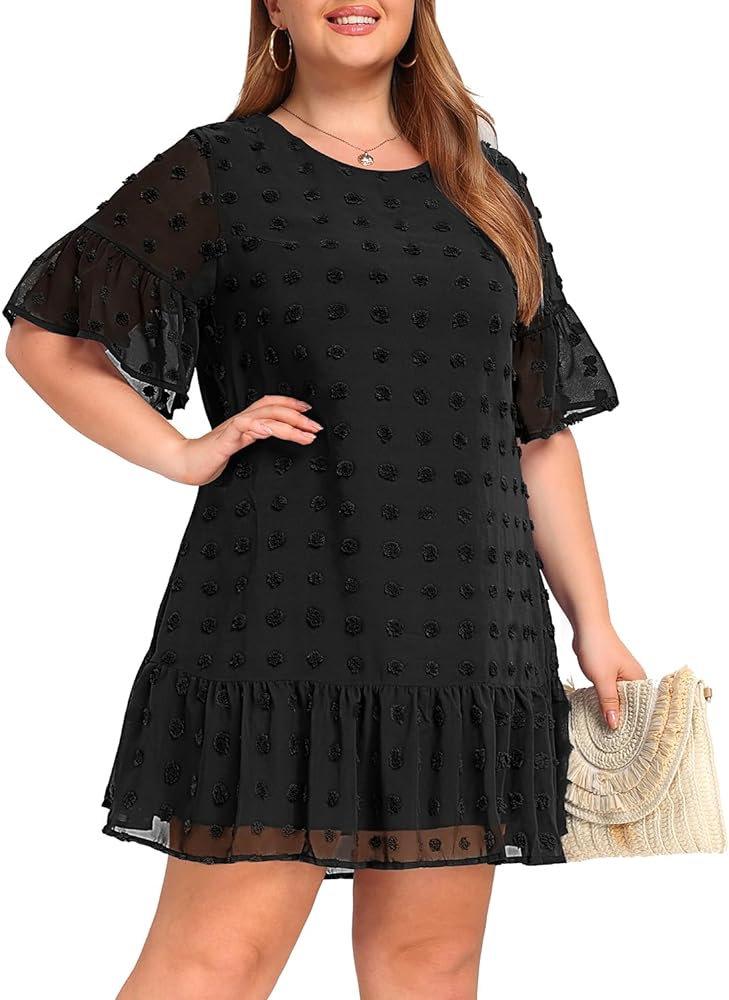 Women's Plus Size Swiss Dot Short Sleeve Ruffle Cute Summer Chiffon Loose Flowy Shift Mini Dress