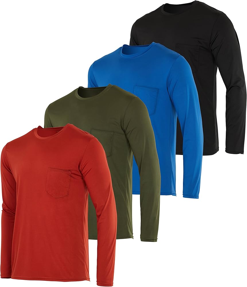 Real Essentials 4 Pack: Men's Dry-Fit Active Athletic Long Sleeve Pocket Crew T-Shirt Outdoors UPF 50 S-5XLT