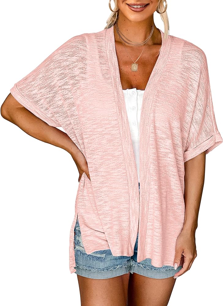 MEROKEETY Womens 2024 Summer Lightweight Cardigan Short Sleeve Open Front Casual Loose Cover Ups