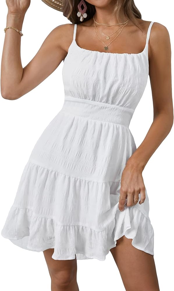 WDIRARA Women's Summer Textured Ruched Shirred Ruffle Hem A Line Dress High Waist Short Cami Dress Pure White Solid M