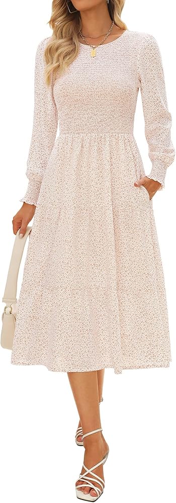 Zattcas Womens Fall Dresses 2024 Casual Long Sleeve Smocked Boho Floral Tiered Midi Wedding Guest Dress with Pockets