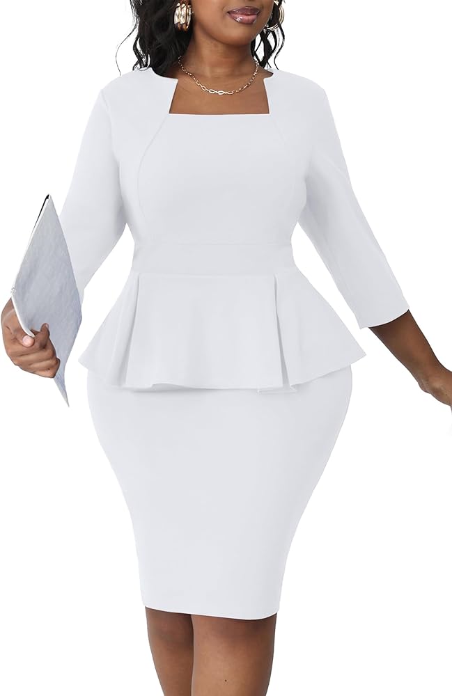 Runwind Plus Size Dress for Curvy Women Midi Church Wear to Work Bodycon Vintage Peplum 3/4 Sleeve Sheath Pencil Dress