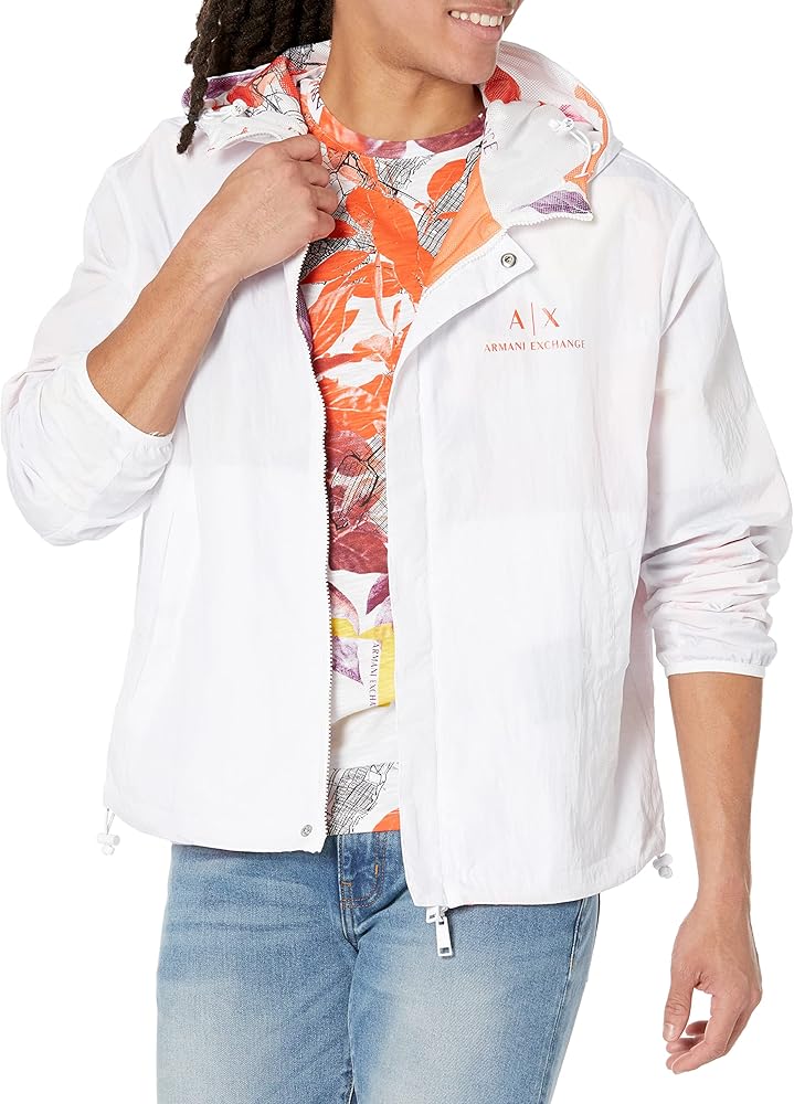 A | X ARMANI EXCHANGE Men's Reversible Floral Nylon Jacket, White/White Collage, Large