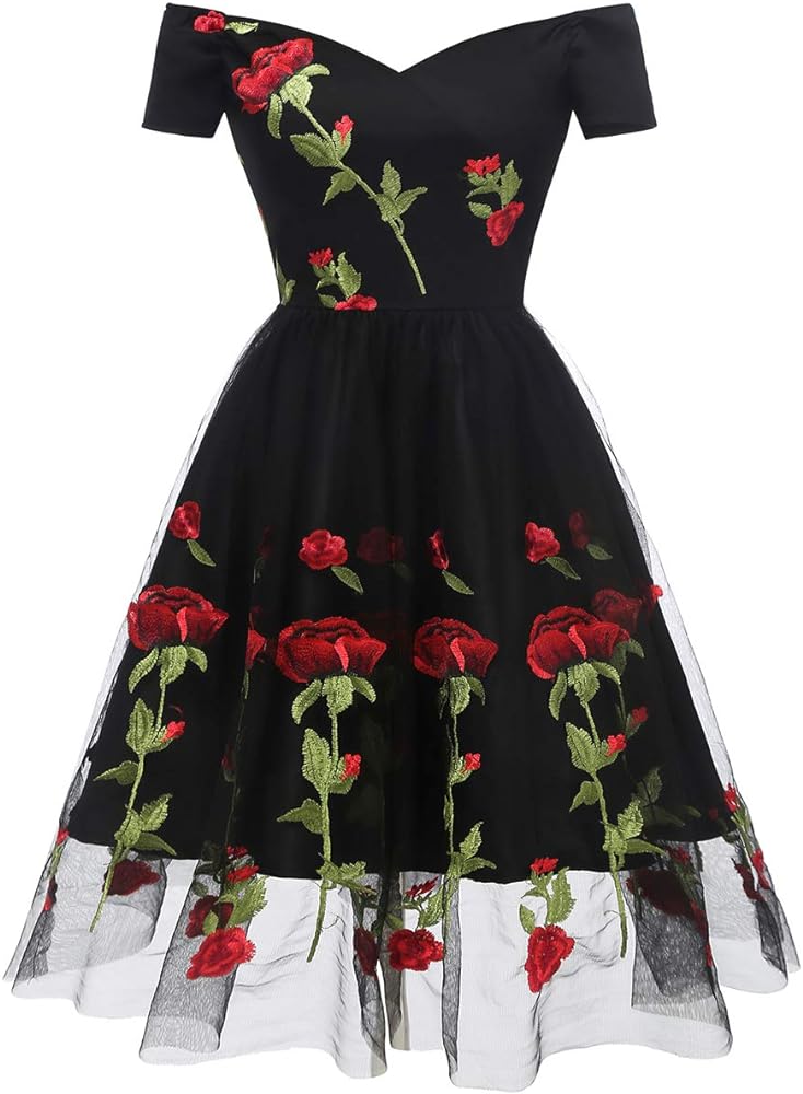 Women 1950s Vintage Pinup Audrey Hepburn Rockabilly Swing Off Shoulder Rose Floral Cocktail Party Dress