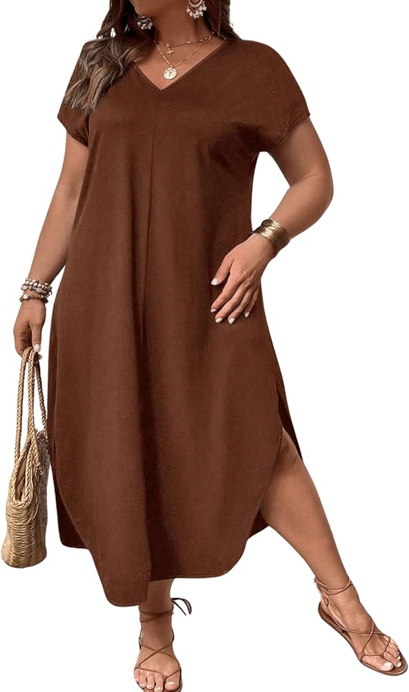 SOLY HUX Women's Plus Size Summer Dress V Neck Short Sleeve Split Hem Midi Dresses