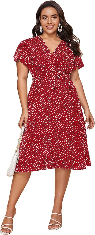 Floerns Women's Plus Size Polka Dots Wrap V Neck Short Sleeve A Line Midi Dress Red 2XL