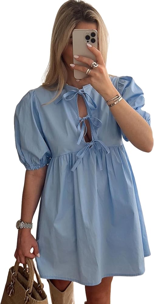 Women's Short Puff Sleeve Mini Dress Bow Tie Front Y2K Babydoll Peplum Dress