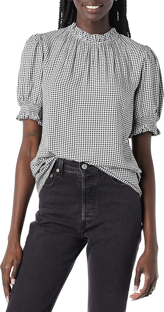 Amazon Essentials Women's Fluid Twill Short Puff Sleeve Smock Detail Shirt