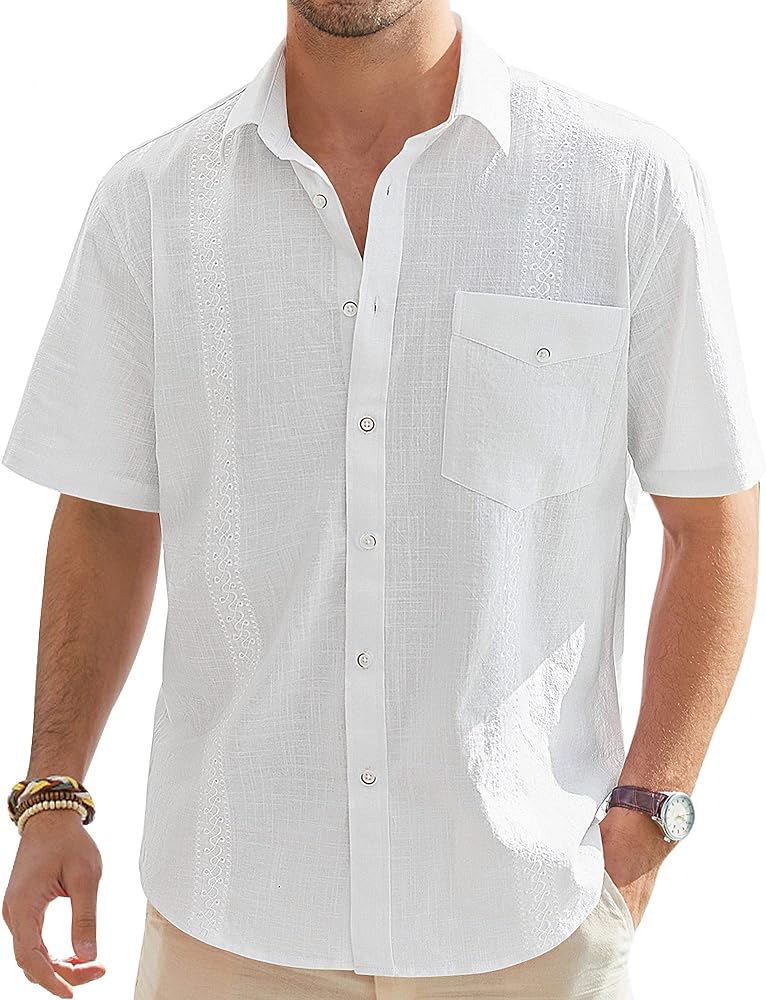 J.VER Men's Linen Cotton Shirt Casual Button Up Short Sleeve Embroidery Shirt with Pocket