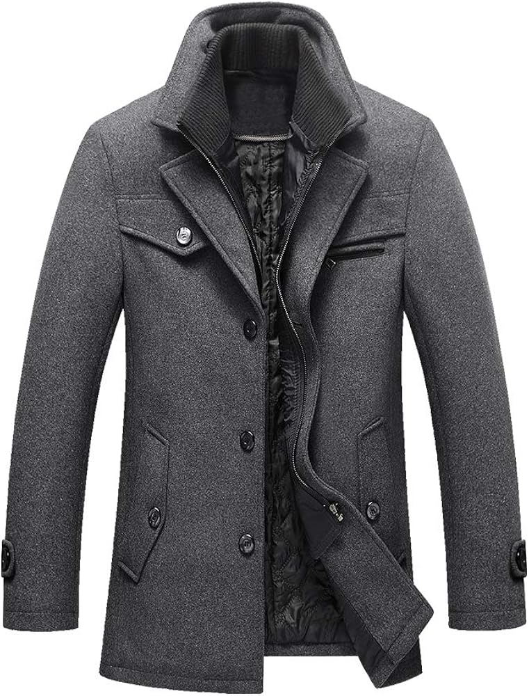 Litteking Men's Winter Pea Coat Casual Woolen Trench Coat Single Breasted Short Wool Jacket