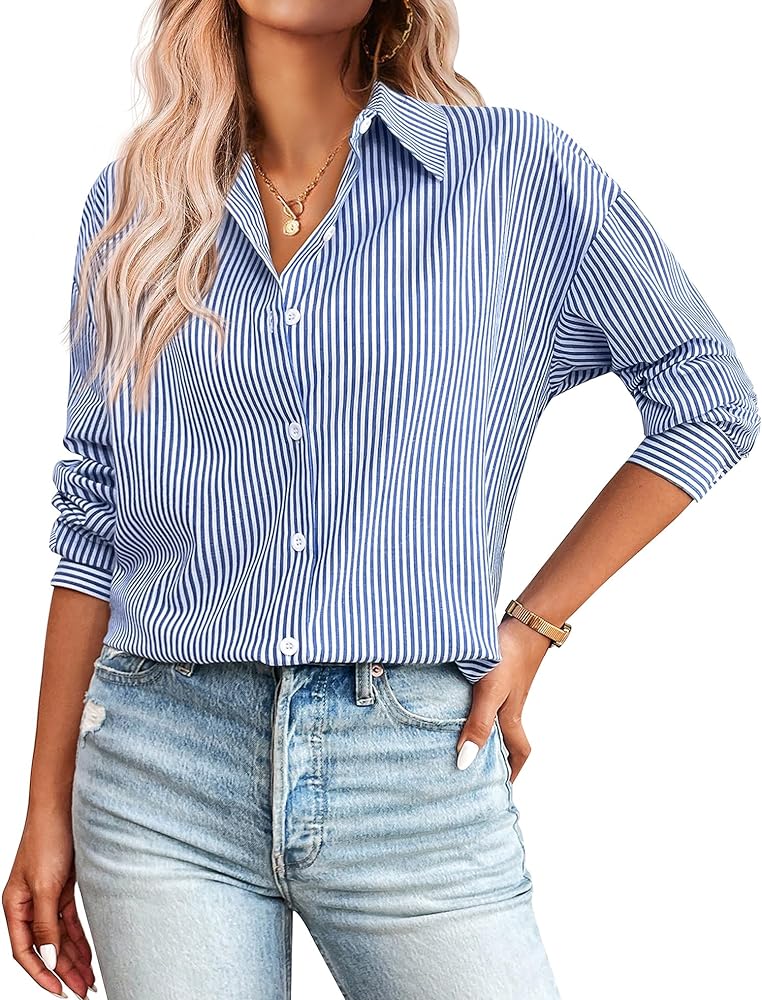 Zeagoo Striped Button Down Shirts for Women Casual Loose Long Sleeve Shirts Business Work Tunic Top