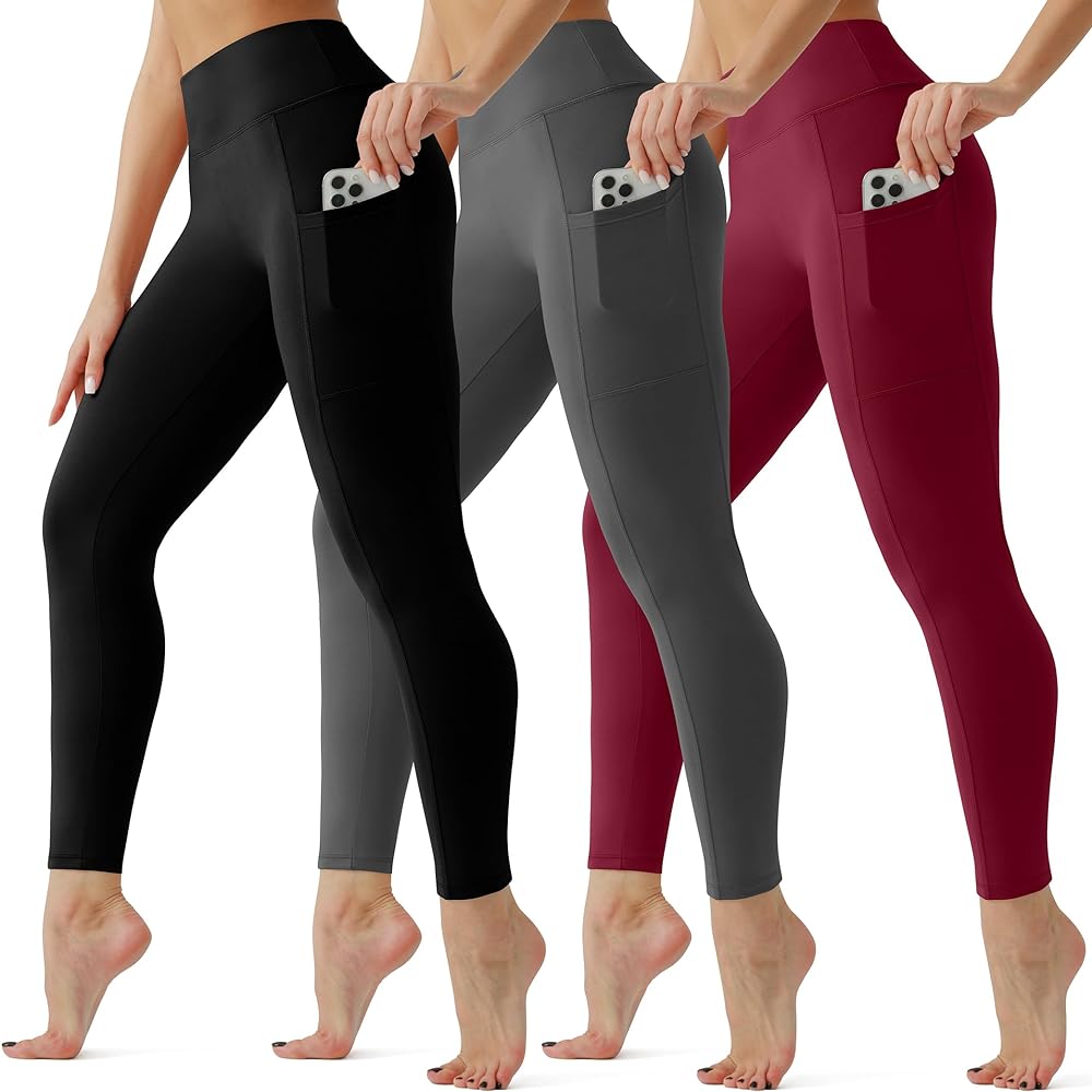 3 Pack Leggings for Women with Pockets High Waisted Tummy Control Soft Yoga Pants Workout Reg & Plus Size