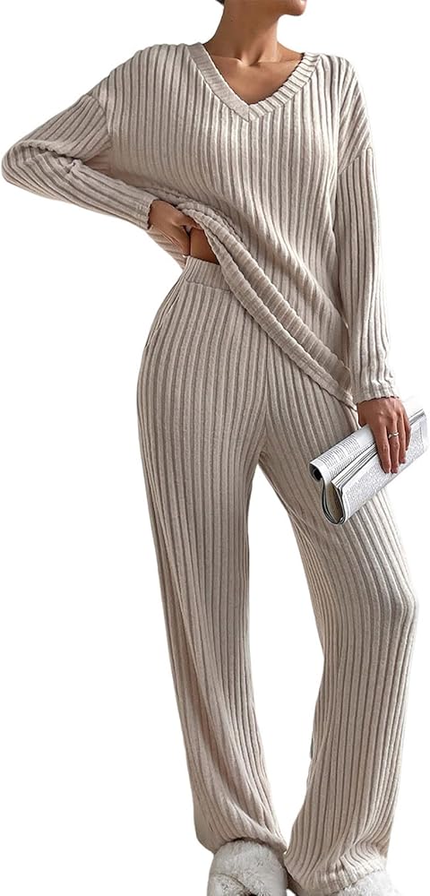 SHEWIN Women's Pajama Sets Long Sleeve 2 Piece Lounge Sets Ribbed Knit Sweater Sleepwear