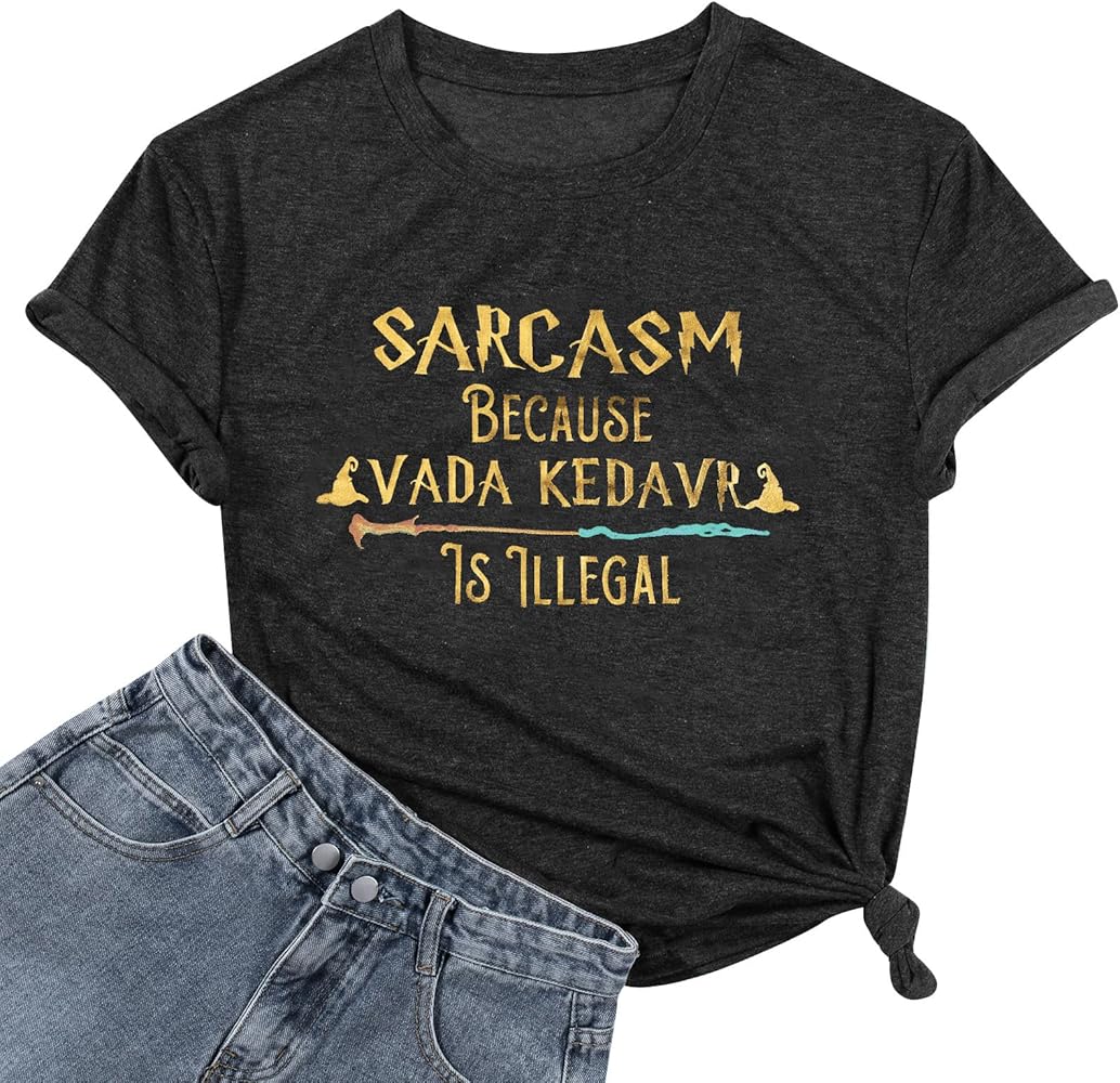 FASHGL Magic T-shirt Women Funny Sarcasm Letter Graphic Tee Casual Holiday Magic School Short Sleeve Tops