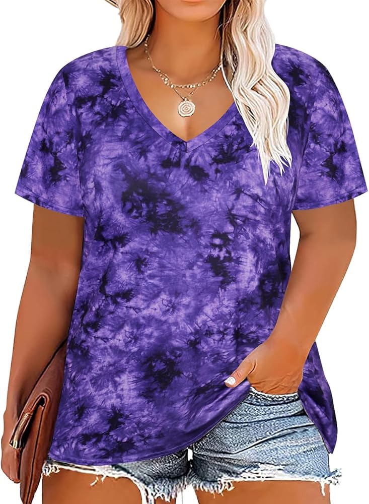 RITERA Plus Size Tops For Women Oversized Summer Basic V Neck Short Sleeve Henley Shirt Casual Tunic Shirts XL-5XL