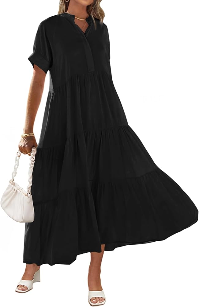 MEROKEETY Women Short Sleeve Summer Dress Button Down V Neck Ruffle Tiered Maxi Dresses