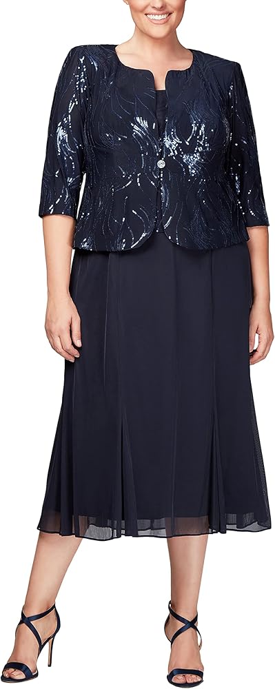 Alex Evenings womens Plus Size Tea Length Button-front Jacket Special Occasion Dress, Navy Plus, 18 Plus