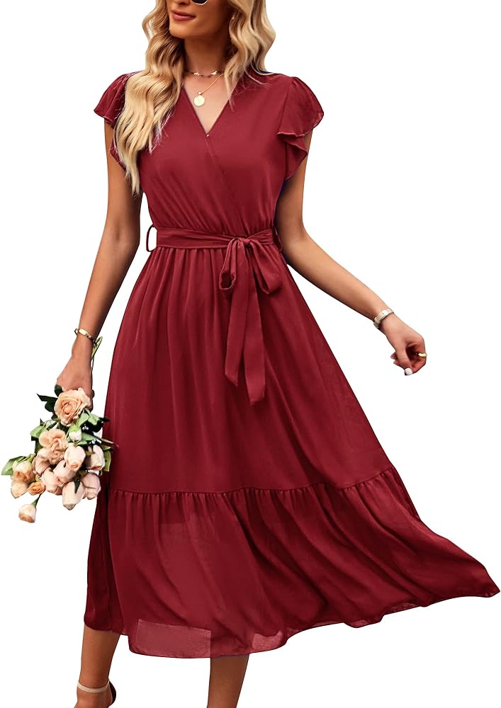 Bequemer Laden Women's Summer Floral Dress Wrap V Neck Short Sleeve Belted Ruffle Beach A-Line Bohemian Maxi Dresses