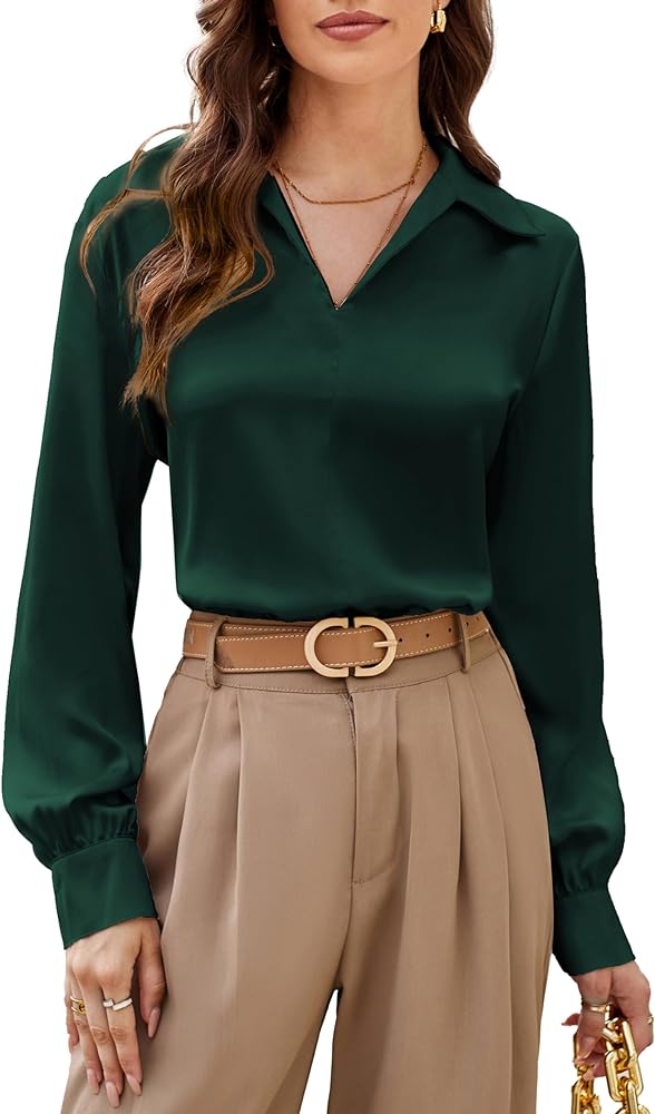 GRACE KARIN Women's Satin Silk Blouse Lapel V Neck Long Sleeve Casual Work Blouse Shirts Pullover Tops