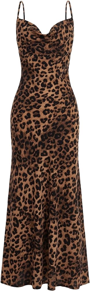 Floerns Women's Leopard Print Draped Collar Spaghetti Strap Cami Long Dress