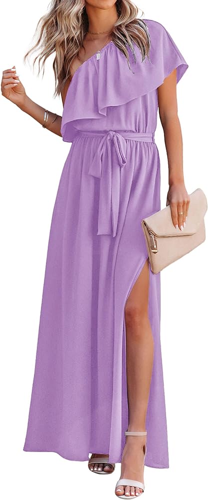 KIRUNDO Womens Summer Maxi Dress Ruffle One Shoulder High Waist Split Beach Party Wedding Guest Long Dresses with Belt