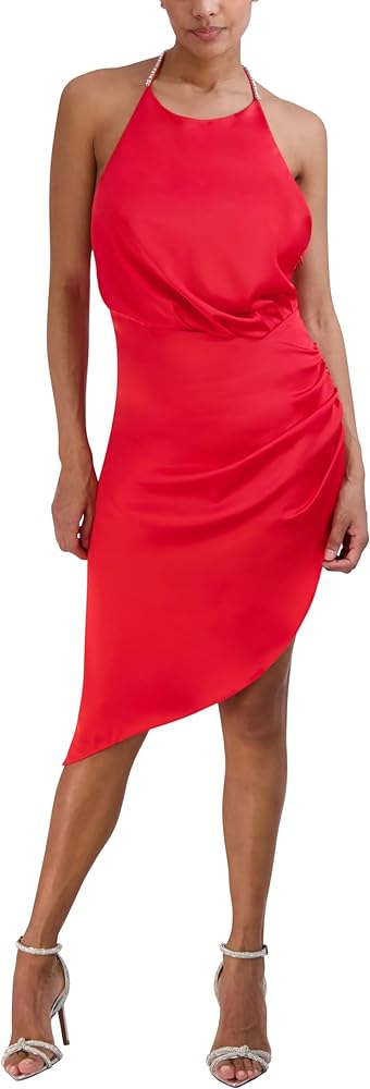 BCBGMAXAZRIA Women's Sleeveless Asymmetrical Halter Neck Midi Dress