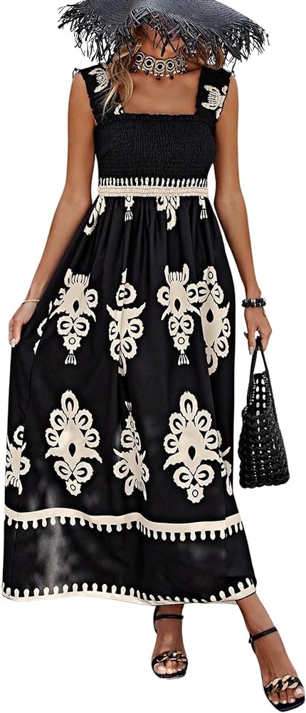 chouyatou Women's Retro Smocked Bohemian Maxi Dress Floral Print Spaghetti Strap Swing Beach Party Dress